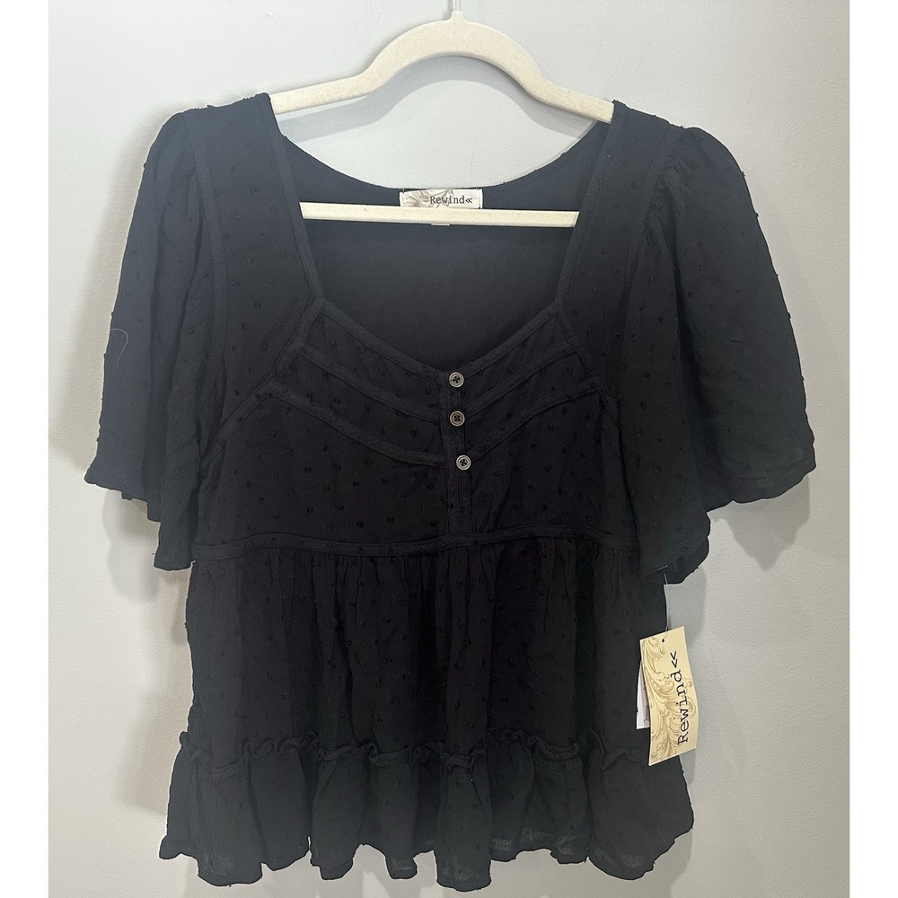 Rewind Womens Small Black Swiss Dot Peasant Babydoll Top Puff Sleeve Boho NWT